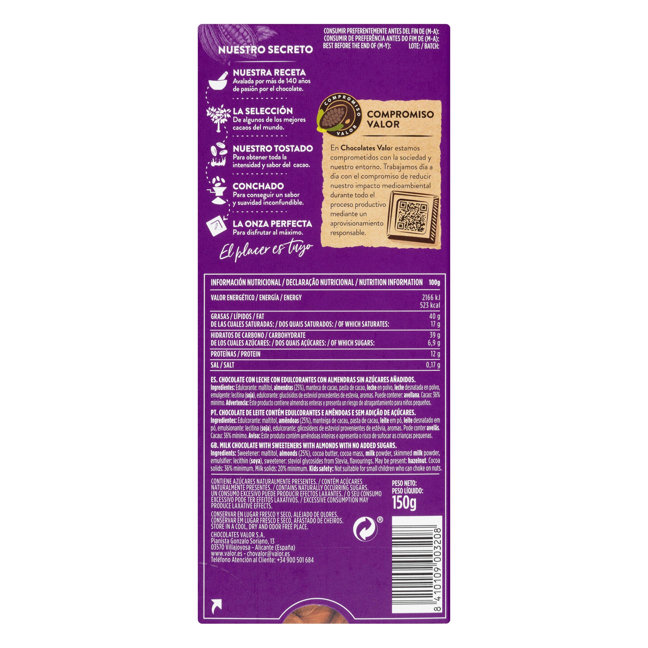 Etiqueta Chocolate con leche Valor almendras enteras 0% azúcares añadidos